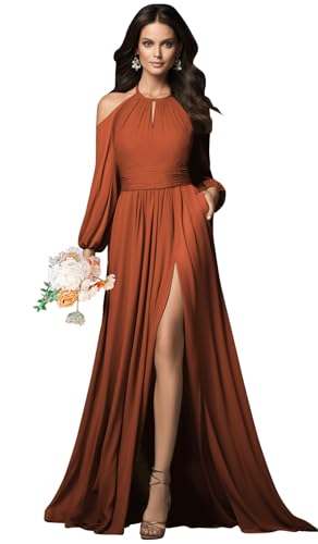 HYY Halter Long Sleeve Bridesmaid Dresses with Slit Pockets Cold Shoulder Ruched Chiffon Formal Prom Dress Evening Gown