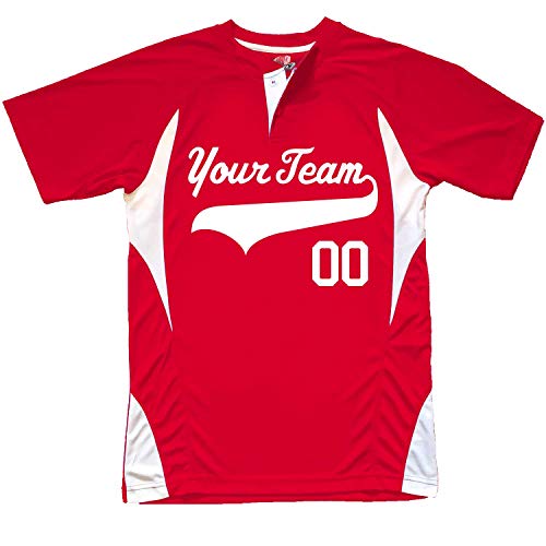 Henley 2-Button Custom Baseball Jersey Youth Small in Scarlet Red & White