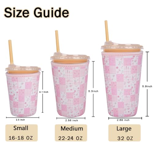 Image of Reusable Insulated Sleeve for Iced Coffee Cup, 3-Pack Coffee Neoprene Drink Sleeve for Cold & Hot Drinks, Beverage Holder for Iced Coffee (Pink Patchwork)