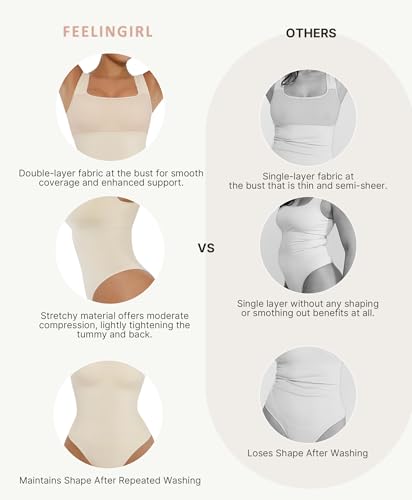 Image of FeelinGirl Bodysuits for Women Seamless Square Neck Tummy Control Compression Thong Shapewear Bodysuit Tank Tops Bodysuit