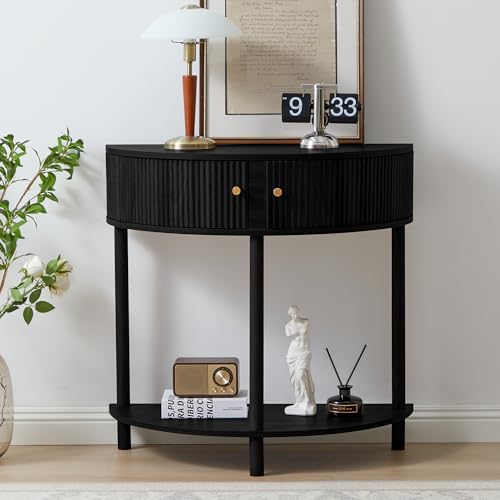 XUZENEST Fluted Half Moon Console Table, Modern Small Entry Table Sofa Table with Storage, Solid Wood Legs Narrow Entryway Table for Living Room, Hallway, Foyer(Black)