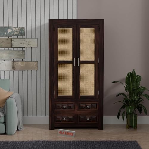 Image of Wooden Storage Cabinet with Cane Doors & Drawers | Tall Solid Wood Wardrobe Cabinet with 2 Doors & 4 Drawers (Walnut Finish)