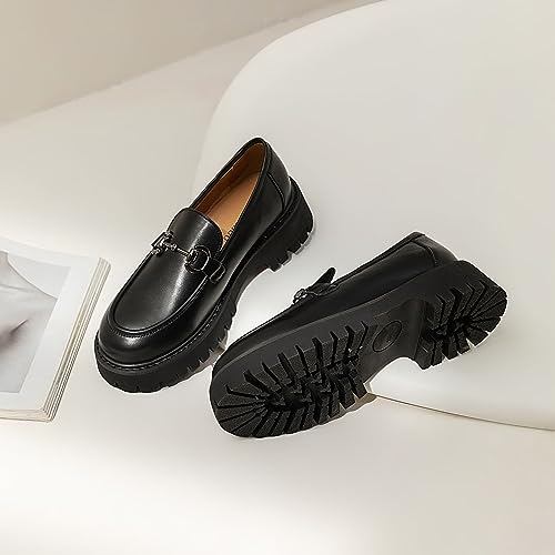 Image of Chunky Loafers Women Platform Loafers for Women Chunky Heel Lug Sole Loafers for Women Slip ons Round Toe