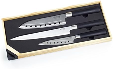 Ross Henery Professional 3 Piece Santoku Chef’s knife set in wooden gift box with built in sharpener (Black Handles)