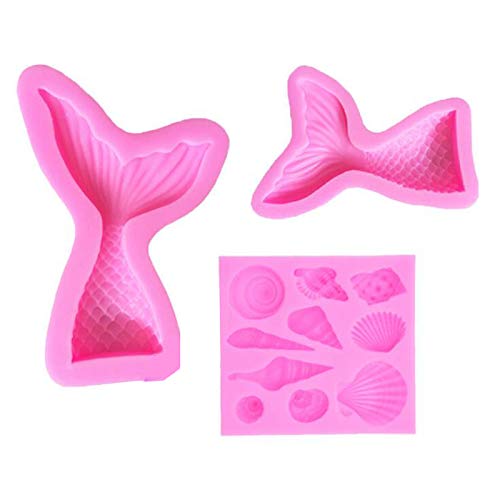Silikon-Formen mit Meerjungfrauenschwanz-Motiv, für Kuchen, als Cupcake-Dekoration, mit Muschel- und Seepferdchen-Formen, für Süßigkeiten, Pralinen, Schokolade, als Backformen, 3 Stück Cover