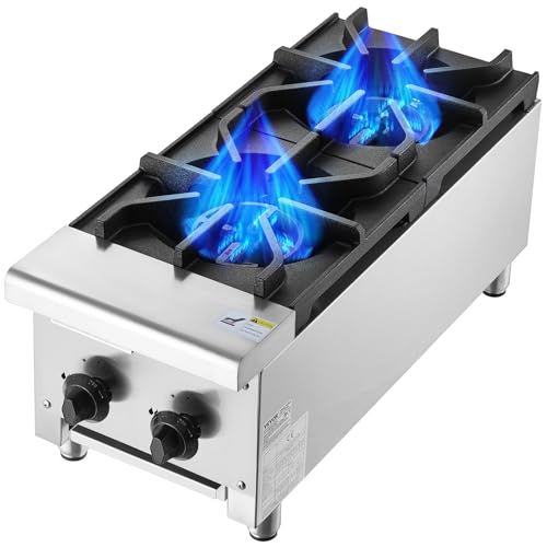 VEVOR Kommerzieller Gasherd Gaskochherd mit 2 Gaskochfelder, Propan/Erdgas-Kochherd Edelstahl-Gaskochplatte, kommerzielles Kochgerät 305 x 770 x 335 mm für Restaurants Hotel Café 14 kW