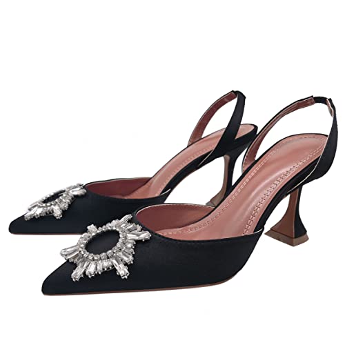 Roimaash Mode Femmes Satin Pumps a Enfiler D Orsay Chaussures Soirée Fête Sandales Bout Pointu Crystal Rhinestones Mariage Chaussures Satin-Black Size 37 Cover
