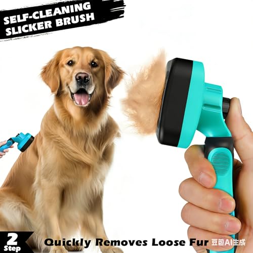 Image of Professional 3PCS Self Cleaning Slicker Brush & Pet Grooming Rake & Flea Comb for Dogs,Cats and Horses | Double-Sided Dematting Comb & Skin Friendly Deshedding Grooming Tool (Cyan)