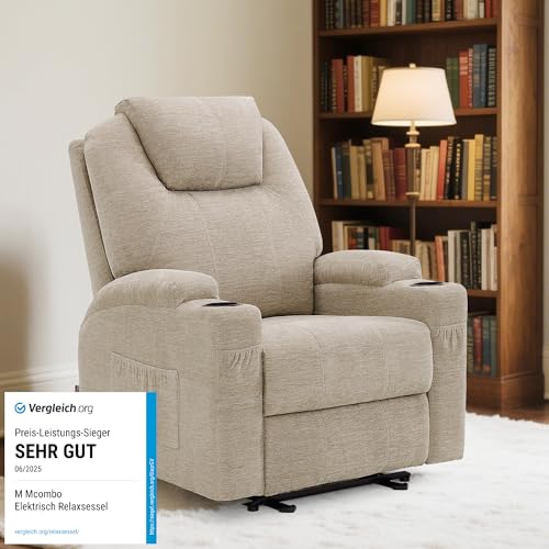 M MCombo Elektrisch Relaxsessel Massagesessel Fernsehsessel Liegefunktion Vibration Heizung 7061 neues Modell (Beige-Stoff) – Bild 4