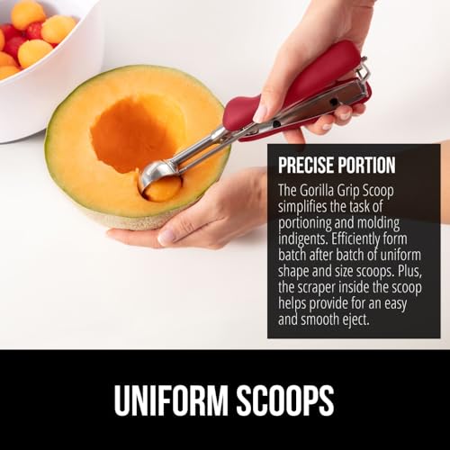 GORILLA GRIP BPA-Free Stainless Steel Cookie Scoop, 3 TBSP Scooper #20, Soft Grip Handle, Easy Food Release, Create Even Portion Sizes, Multipurpose Kitchen Melon Baller, Meatball Spring Scoops, Red