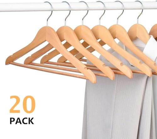 Pack of 20 Space Saver Premium Quality Wooden Coat Hangers Made with Natural Wood and Non-Slip Trouser Coat Jacket Hangers Pants Bar - Strong Shoulder Notches - Extra Strong and Smooth Finish - Image 5
