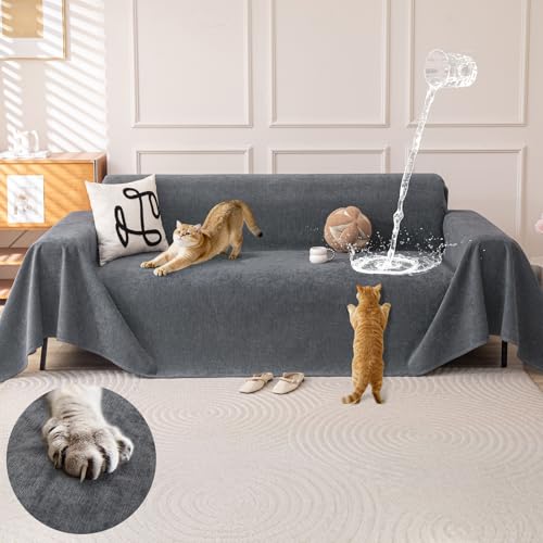 OstepDecor Funda de Sofá Impermeable 2 3 4 Plazas 180 x 260 cm, Cubre Sofá Chenilla Antigarras para Gatos, Protector de Sofá Anti-Manchas, Resistente al Desgaste, Fácil de Limpiar, Gris Oscuro