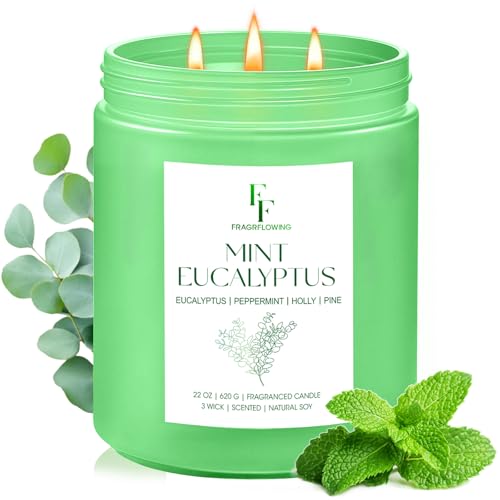 Mint Eucalyptus Large Scented Candle 3-Wick 22oz Long Lasting Scented Candle Natural Soy Wax Aromatherapy Candle for Home Candle Gifts for Women Men