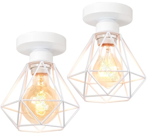 TOKIUS 2 pezzi Lampadario vintage da soffitto Industriale Plafoniera E27 Metallo Lampadario a sospensione Design Gabbia ferro Binaco Ø160mm Per Soggiorno Cucina Camera da letto