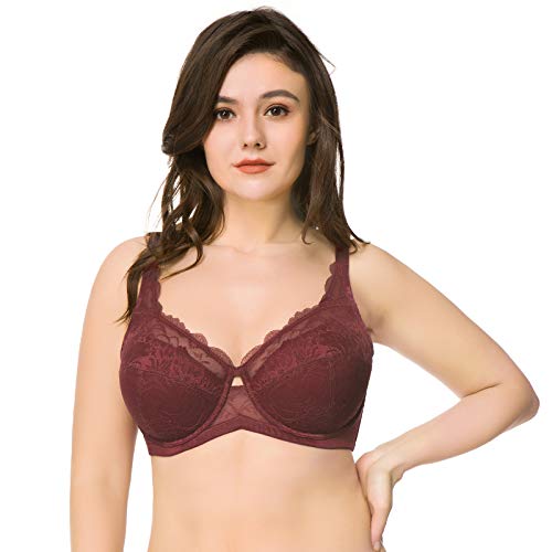 HSIA Underwire Bra for Women Minimizer Lace Full Coverage Everyday Bra 38DD Burgundy