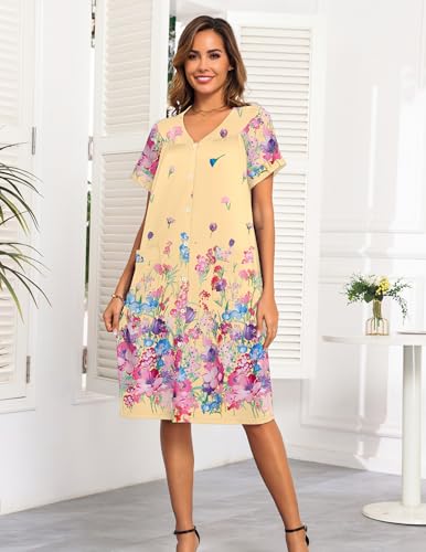 Image of Ekouaer House Dresses for Women with Pockets Button Down Nightgowns Plus Size Moo Moos Mumu Dresses Floral Print S-3XL