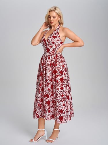 Image of Parthea Women's Gingham Halter V Neck Midi Dress Corset Smocked Sundress Flowy A Line Wedding Guest Dresses