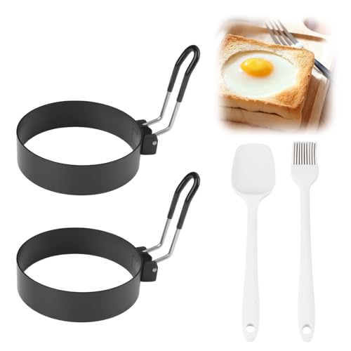 2 Pcs Anneaux à Oeufs Ronds, Moule pour Oeuf au Plat Inox, Anneaux D'oeuf Antiadhésifs 7.6cm Anti-Brûlure Moule oeuf Avec 2 Brosse à Huile, au Plat pour Omelette,...