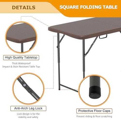 Image of FDW 4FT Folding Table Half Portable Foldable Table Picnic Table for Office Home Camping Party (Brown Ratten)