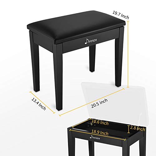 Donner Piano Bench with Storage for Music Sheet, Padded Cushion Keyboard Stool Chair Vanity Seat, Black