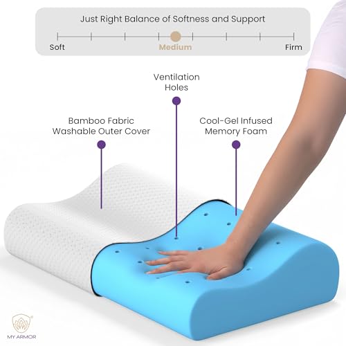 Image of MYARMOR Cool Gel Cervical Pillow for Neck Pain | Contour Design for Neck & Shoulder Pain Relief | Dual Height Ergonomic Support | 18 x 11 x 3.5 Inch | 2 Years Warranty | White Cover - Pack of 1