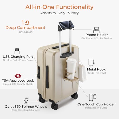 Image of Carry On Luggage Top Opening with Cup Holder & Phone Holder, Expandable PC Hard Shell Suitcase with USB Charging Port, Side Hook, 360 Spinner Wheels, TSA Lock & YKK Zippers