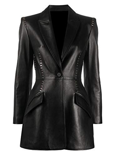 Studded Women's Blazer One-Button Blazer Coat Black Genuine Lambskin Leather Long Coat Metal Stitching