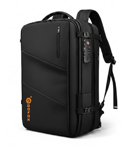 Image of Expandable Travel Backpack 45L, Anti-Theft Number Lock Laptop Bag for Men Women, Waterproof Carry-On Backpack with USB Charging Port, YKK Zippers, Clamshell Opening - Black
