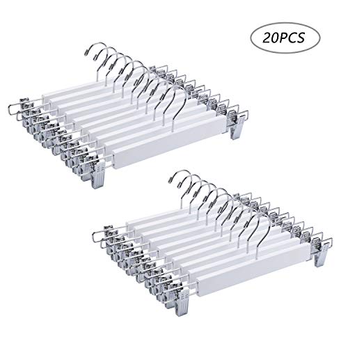 Amber Home EU Lot de 20 Sangles en Bois Massif de Gugertree pour Pantalons, Jupes, cintres avec 2 Clips réglables Anti-Rouille avec Finition Lisse de Couleur Blanche avec Crochet pivotant chromé