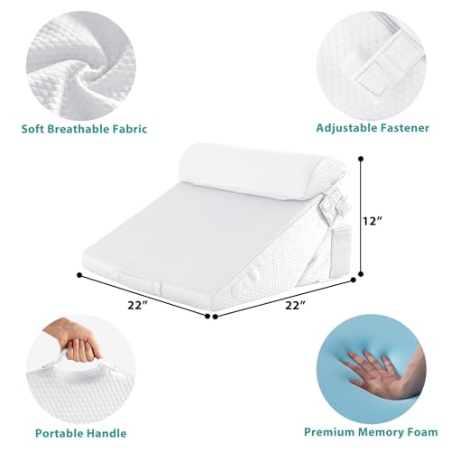 Bedluxe 3Pcs Orthopedic Bed Wedge Pillow Set, Foam Wedge Pillow Post Surgery for Back, Leg and Knee Support, Adjustable 9&12 Inch Folding Triangle Pillow for Sleeping, Acid Reflux, Snoring, White