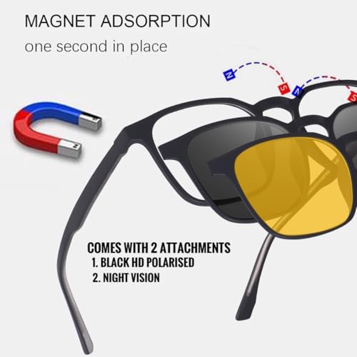 Image of 3in1 Clip on Magnetic Attachment Glasses For Men Women | Zero Power Eyeglass Frame | Black HD Polarised Glasses | 100% UV Protection | Night Vision Glasses |