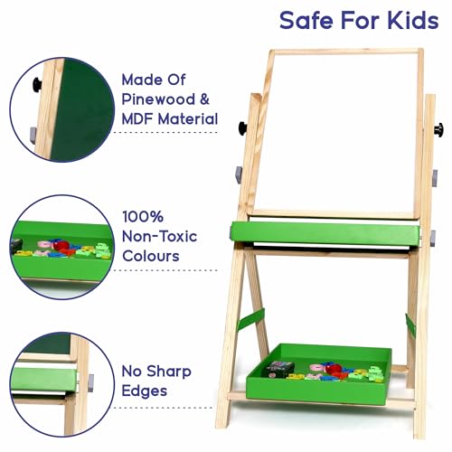 Image of Chanak 2-in-1 Wooden Easel Board for Kids - Magnetic Whiteboard & Chalkboard, Adjustable Height, with Alphabets, Numbers, Marker, Chalks, Duster, Storage Trays, Safe Non-Toxic for Ages 3+