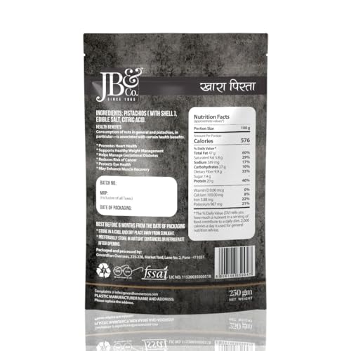Image of JB&CO Premium Roasted & Salted Pistachios (Pista) | Crunchy In-Shell California Nuts | High Protein Healthy Snack | Lightly Salted 250g x 1