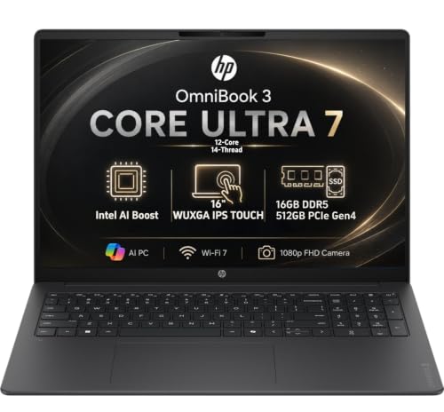 Image of HP OmniBook 3 16 inch WUXGA Touch Laptop, 12-Core Intel Core Ultra 7 AI Processor, 16GB DDR5 RAM, 512GB PCIe SSD, Wi-Fi 7, 1080P FHD Camera, Windows 11