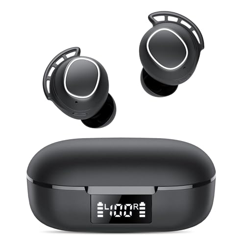 Écouteurs intra-auriculaires Bluetooth 5.3 sans fil avec micro HD et 4 micro ENC, 60 heures avec basses profondes, étanches IPX8, avec crochet d'oreille, noir
