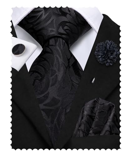 Image of Hi-Tie Mens Paisley Floral Striped Ties Set Silk Necktie and Lapel Pin for Men Pocket Square Cufflinks Set Business Wedding
