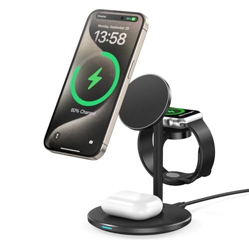 DEESOOCO mag-Safe - Estação de carregamento para iPhone 15 (15 W, 14,3 em 1, estação de carregamento indutiva para vários dispositivos, carregador mag-Safe para iWatch Ultra 2/1/Series 9, AirPods, cor