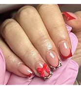Leopard French Tip Press on Nails Short Square Fake Nails Red Bow False Nails Glossy Nude Glue on...