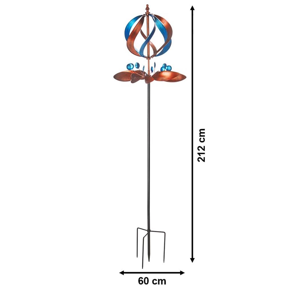 Kobolo Windrad Dekostecker Twirl | 60x60x212 cm | Metall | braun-blau | modernes Garten-Windspiel | XXL Metallwindrad für Gartendeko, Vorgarten & Outdoor-Dekoration | robuster Gartenstecker