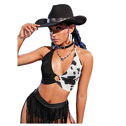 Verdusa Women's Cow Print O Ring Deep V Neck Tie Backless Crop Halter Top Black White L