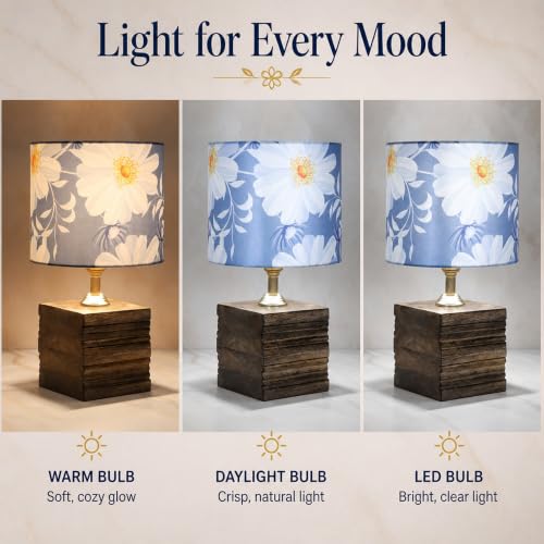 Image of tu casa Wooden Table Lamp Floral Satin Shade for Bedroom, Lounge,H-12
