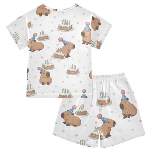 Pajama Short Sets Capybara Birthday Cake Pattern Soft Cotton Summer Sleepwear 2 Piece PJS Size 5-14T2