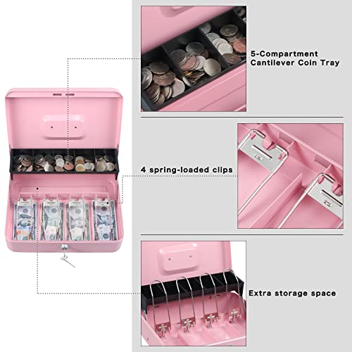 Image of xydled Cash Box with Key Lock, Metal Money Box, Safe Storage box, Pink