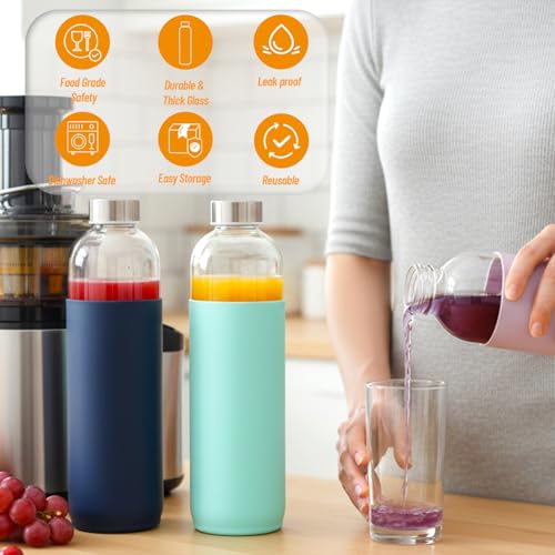 Image of Luxfuel 18 oz Glass Water Bottles with Lids and Silicone Sleeve 10 Pack | Leak Proof Stainless Steel Lids, BPA Free, Reusable Glass Bottles for Juicing, Smoothies & Refrigerator, Dishwasher Safe