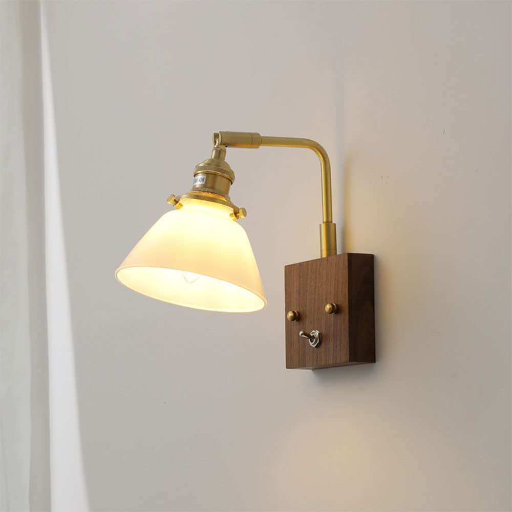 SwePer Lámpara de pared LED giratoria de madera, lámparas de noche de pared de vidrio de nogal, brazo oscilante, apliques de pared rústicos Vintage de granja, iluminación E27 for dormitorio, estudio L