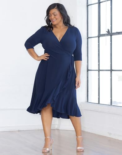 Image of Kiyonna Plus Size Whimsy Ruffled Midi Wrap Dress with Sleeves - Cocktail, Party, Wedding Guest or Work
