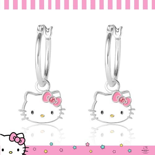 Image of Hello Kitty Womens Hoop Earrings - Sterling Silver and Enamel Hello Kitty