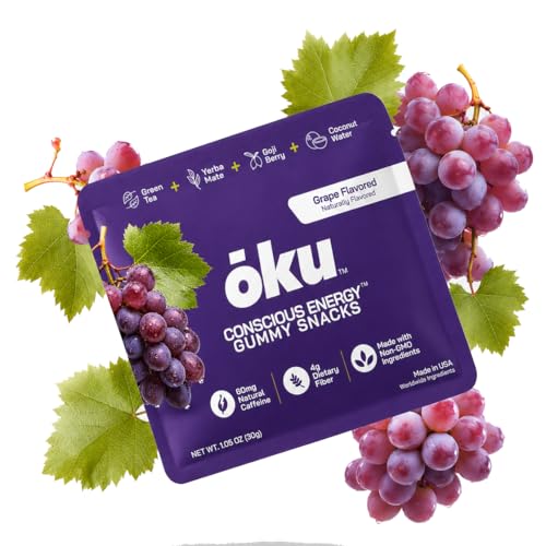 Image of OKU Energy Gummies with Caffeine from Green Tea & Yerba Mate, Clean Energy & Focus, Coconut Water for Hydration, Vegan, Gluten-Free, Grape (8-Pack)