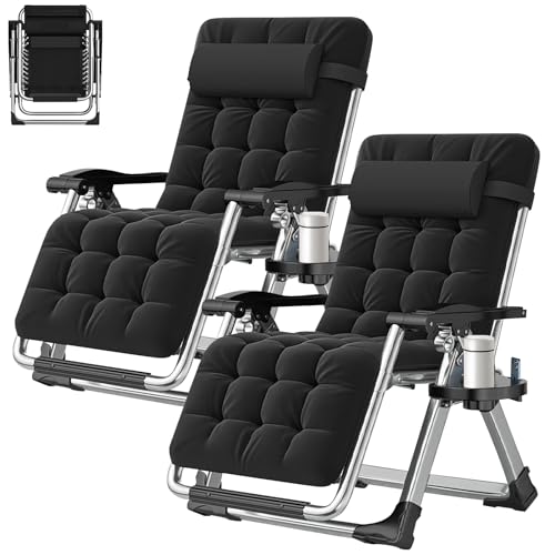ABORON Zero Gravity Chair Set of 2, Outdoor Lounge Chairs Sun Loungers with Removable Cushion,Headrest,Cup Holder,Reclining Patio Lounger Chair for Indoor and Outdoor