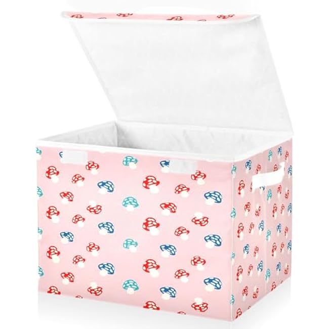 Mushroom Storage Bins with Lids Decorative Fabric Storage Boxes with Handles Closet Organizer Foldable Toy Basket Baby Basket for Nursery Bedroom Office